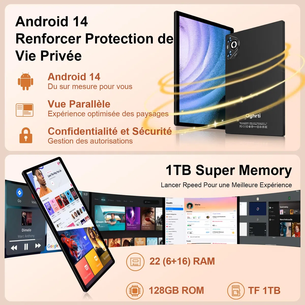 Tablette Android Tablet Tactile, 8000mAh, 128Go ROM/WiFi 5G/2.4G- Noir