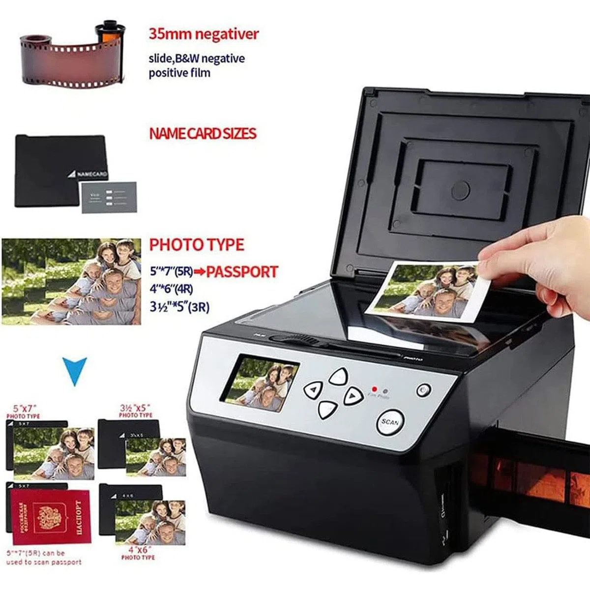 Scanner Multifonction (Film/Diapositive/Photo) Qui convertit Les Photos/Documents/Cartes de Visite de Films/Diapositives 35 mm 135 et 110 en fichiers JPG numériques HD 22 mégapixels Écran LCD 5"