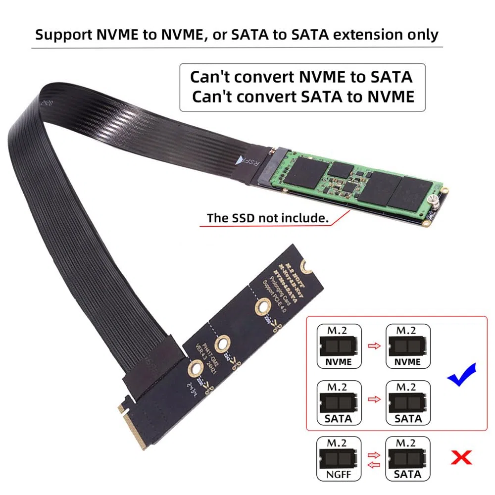 NGFF M-Key NVME Câble d'extension PCI Express mâle vers femelle 30 cm coudé à 90 degrés PCI-E 4.0 pour carte mère SSD 2230/2242/2260/2280
