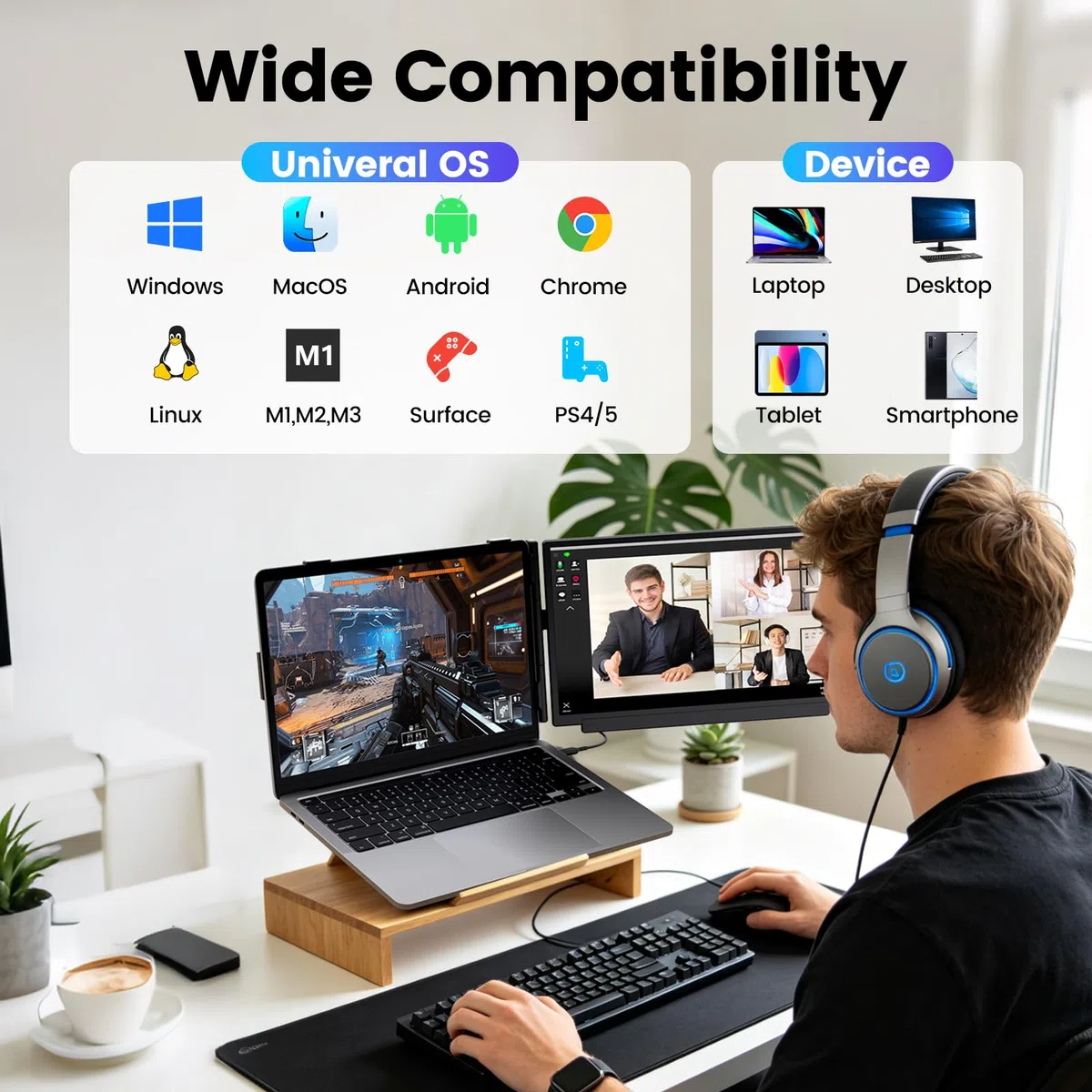 KEFEYA 15.6" Moniteur pour Ordinateur Portable, 1080P FHD Léger Amovible Dual Screen Extender for Laptop, Extension D'écran pour Ordinateur Plug and Play pour Windows, Mac, Chrome, Android, Xbox