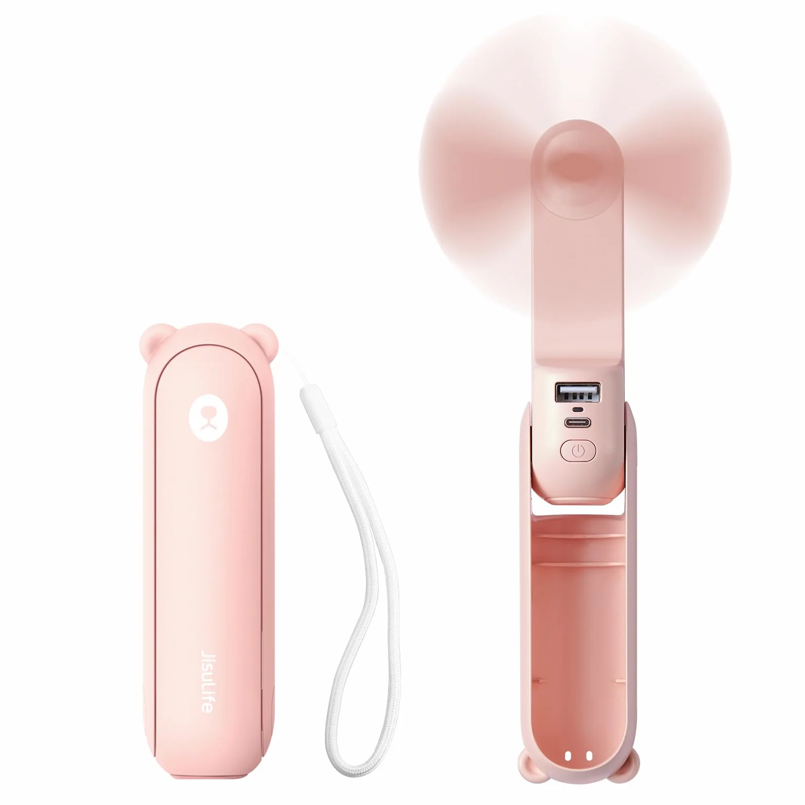 JISULIFE Mini portatif ventilateur à main 3 en 1 rechargeable avec batterie externe et lampe de poche rose