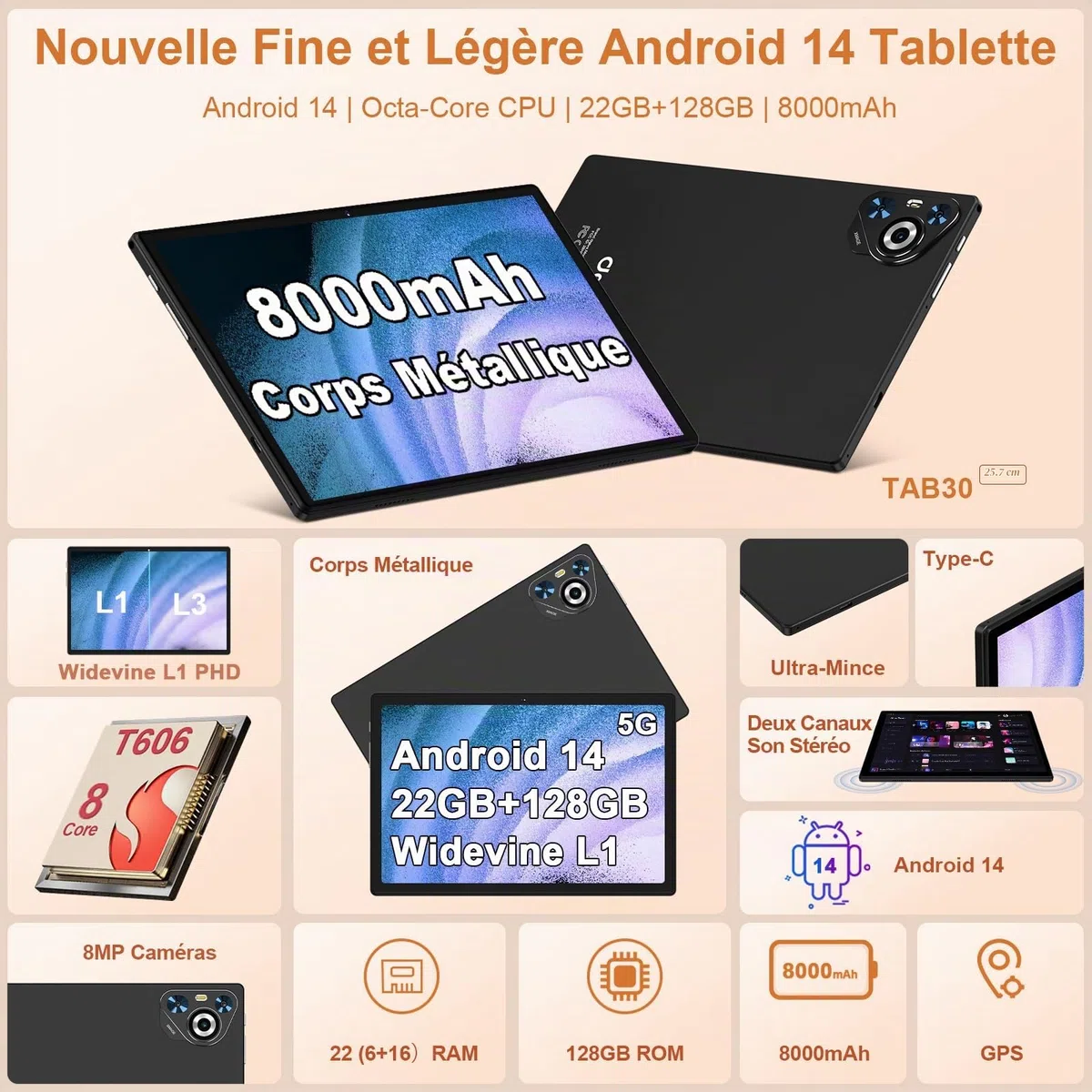 Tablette Android Tablet Tactile, 8000mAh, 128Go ROM/WiFi 5G/2.4G- Noir