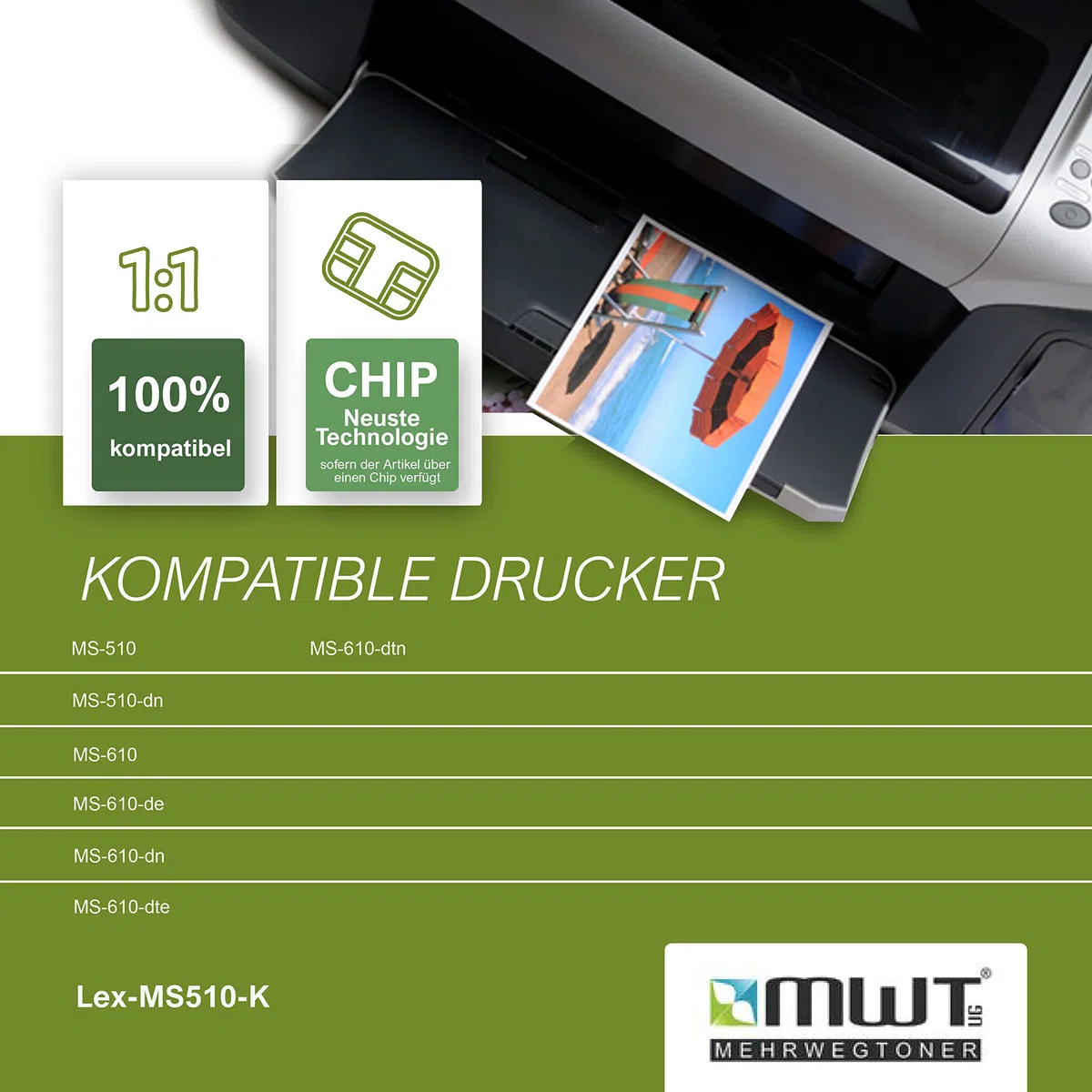 Mehrwegtoner Lot de 10 recharges de poudre + puce - Accessoires d'imprimante compatibles avec Lexmark MS510 MS610 - Remplit 50F0UA0