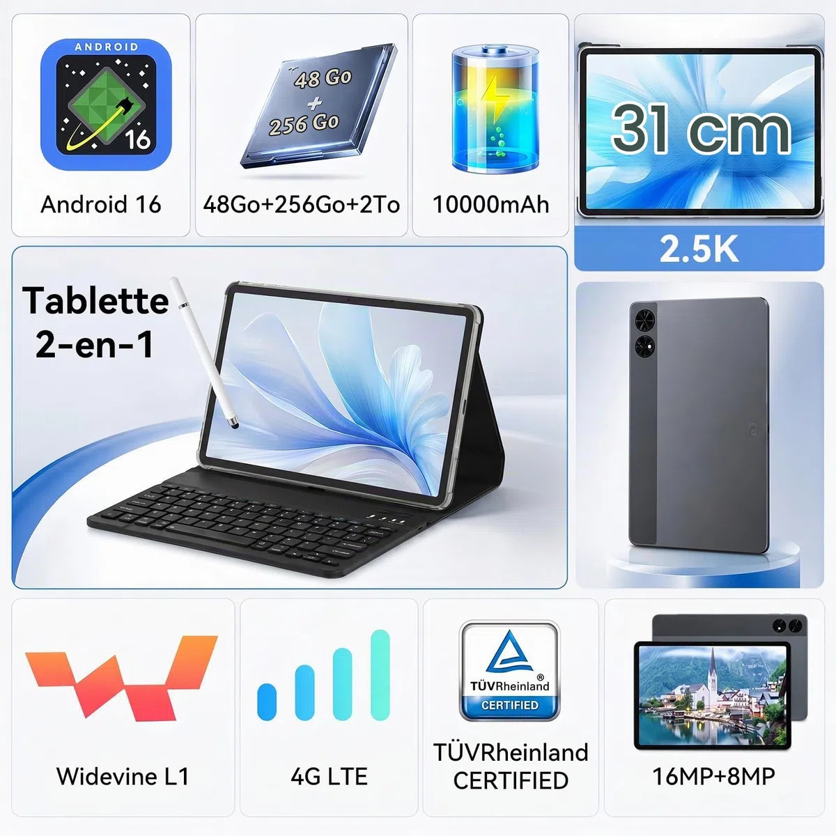 TABWEE 12 Pouces Tablette avec Clavier, 48 Go+256 Go, 10000 mAh