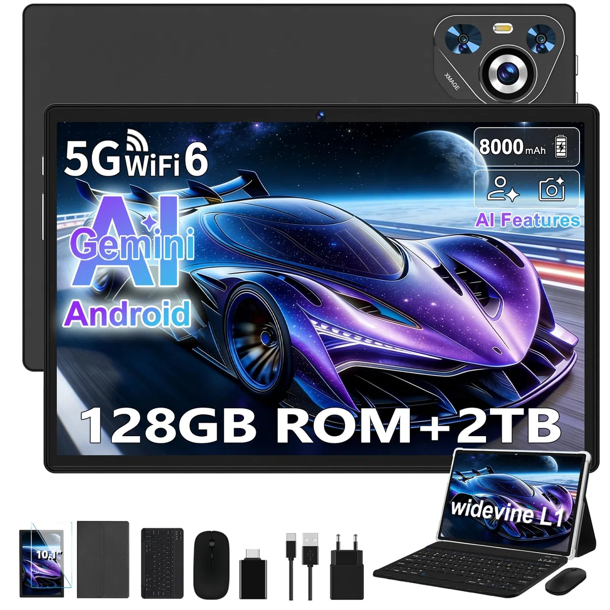 Tablette Android Tablet Tactile, 8000mAh, 128Go ROM/WiFi 5G/2.4G- Noir