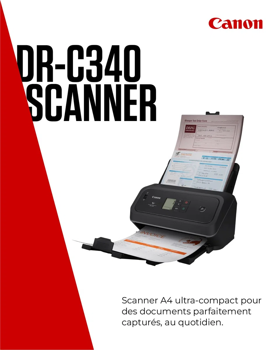 Canon imageFORMULA DR-C340 Scanner de Documents A4 | Design Ultra Compact et Traitement d’Image Avancé pour Le Bureau | Chargeur 100 Pages | Canon CaptureOnTouch Pro