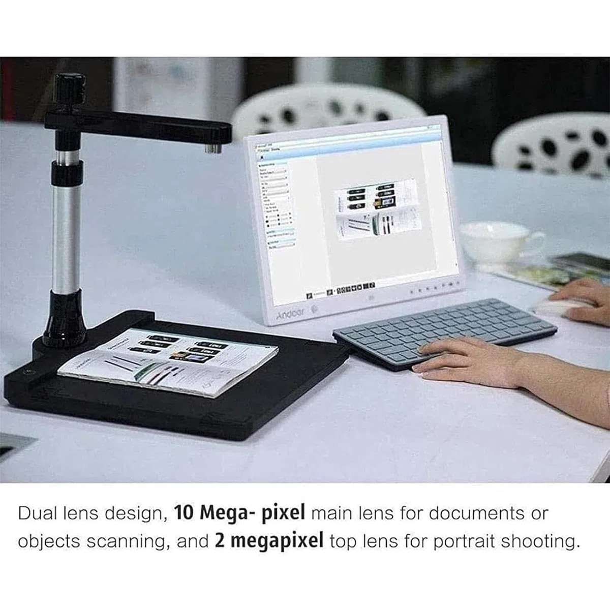 Scanner de documents et de livres, A3/A4 USB haute vitesse avec 2 lumières LED, technologie OCR, double objectif 10 MP et 2 MP pour l'archivage, l'école et le bureau