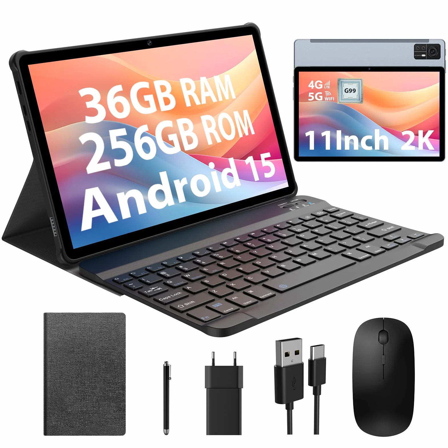 Tablette 11 Pouces Android 15 tablettes tactiles Con 4G LTE /5G WiFi, 36GB RAM+256GB ROM,9580mAh,Face ID,TÜV,GMS,GPS,BT5,Tablette avec Clavier détachable,Gris