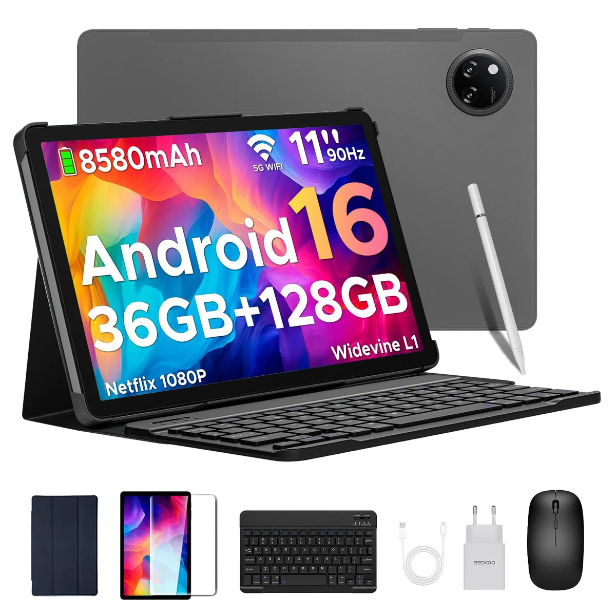 Tab A9 Pro+ Tablette Android 16, Tablette 11 Pouces avec Clavier, 30Go RAM+128Go ROM Ext.2To, Écran IPS 90Hz, 8580mAh, Octa-Core T7200, Gemini AI, 13MP+5MP, WiFi5, GPS, Face ID, OTG