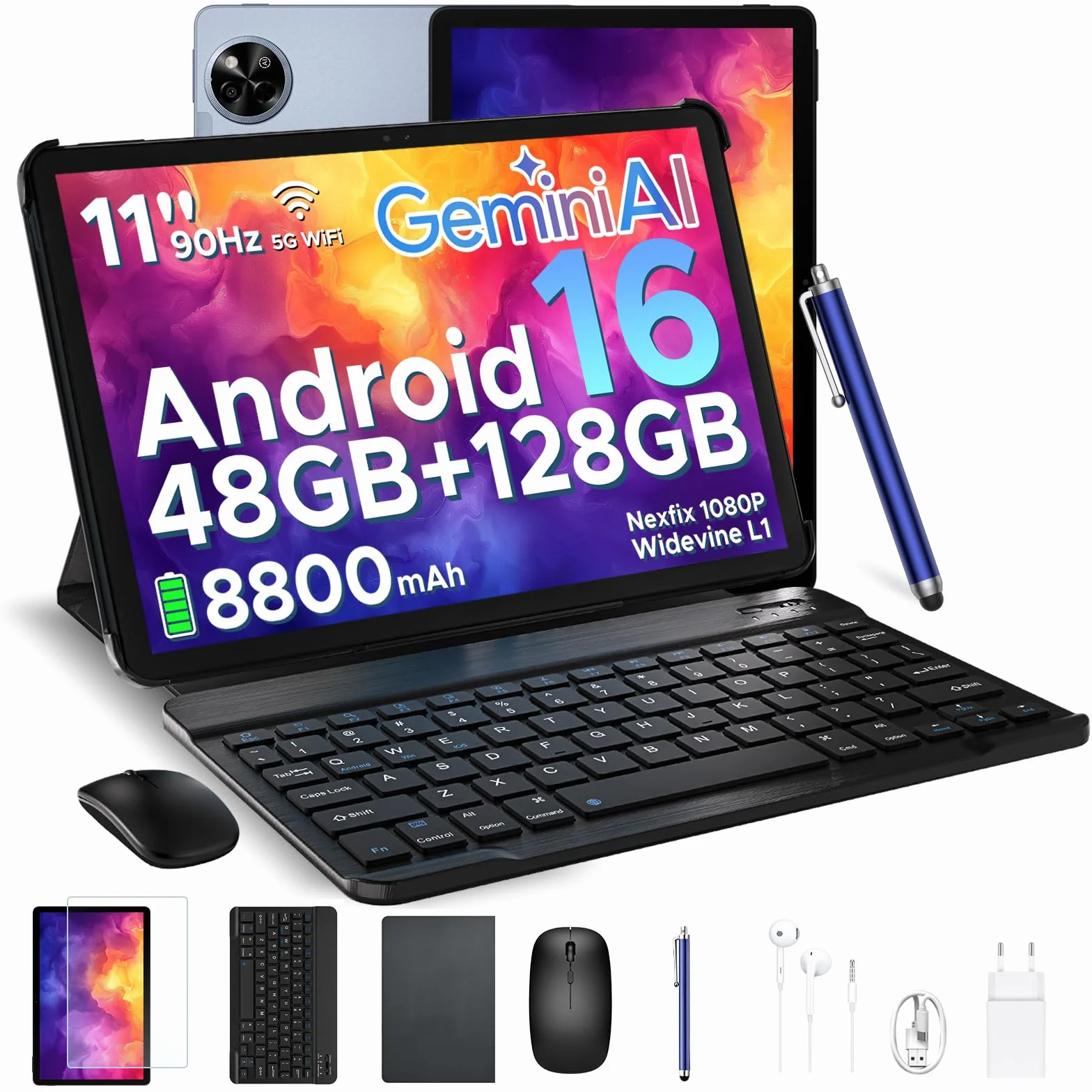 P11 Tablette 11 Pouces, Gemini AI Tablette Android 16, 48Go de RAM+128Go ROM (2To TF), 120Hz, T7250 Octa-Core, 8800mAh, 13MP + 5MP, Widevine L1, Face ID, GPS, FM, Tablettes avec Clavier et Stylet