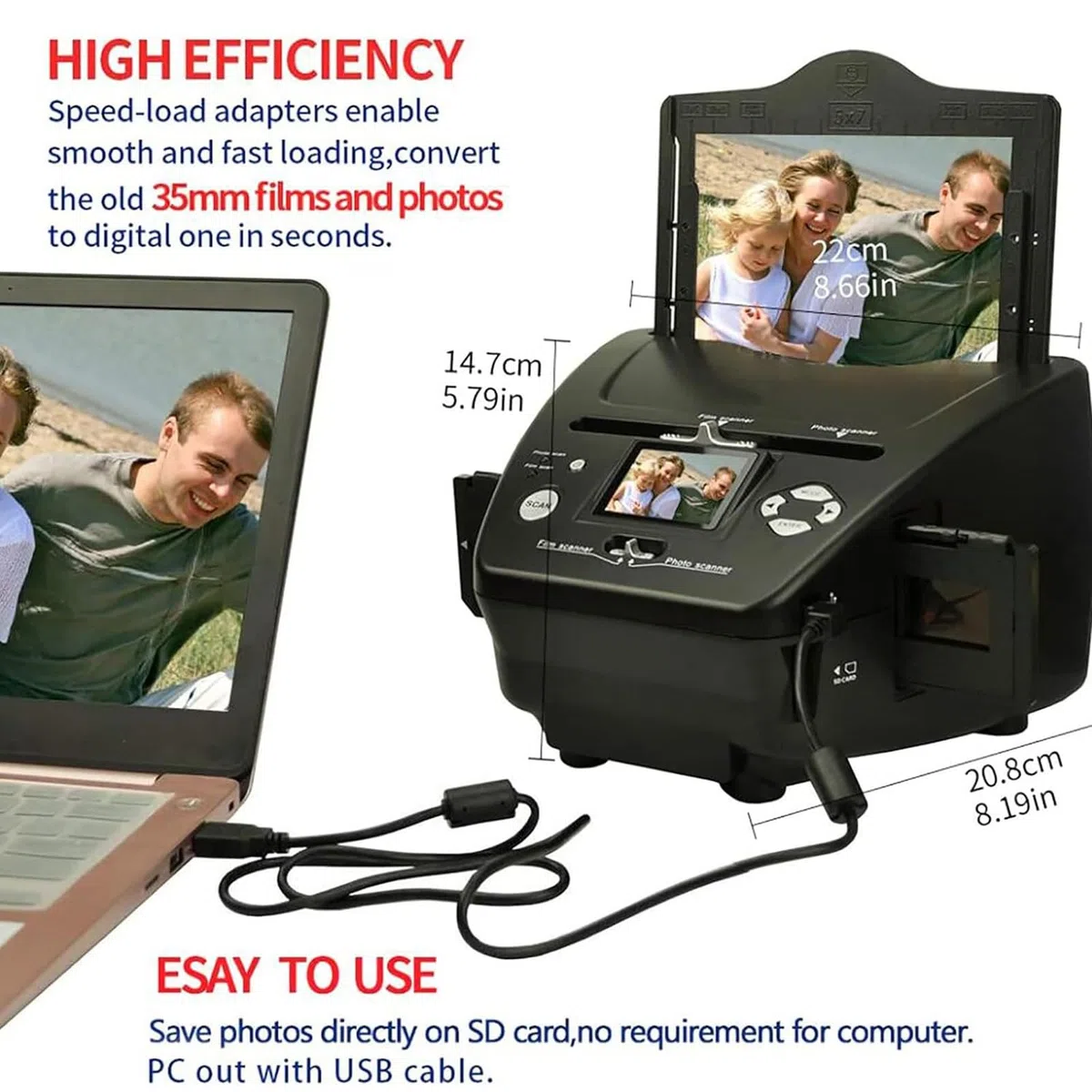 Scanner de Films et de Diapositives LCD de 2,4 Pouces, Scanner de négatifs de 16 MP, convertit Les Diapositives et Les négatifs de 35 mm/135 en Photos JPEG numériques