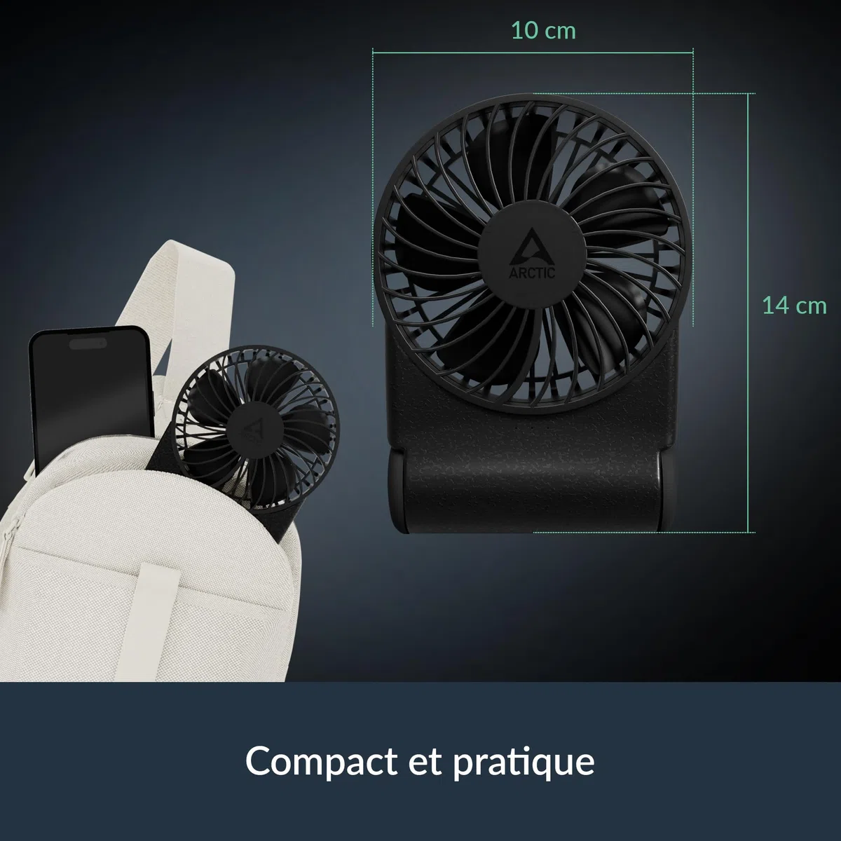 ARCTIC Summair 2Go (Black) - Ventilateur de Poche Rechargeable avec Support, Vitesse Infiniment Variable, Temps de Fonctionnement de 4 à 77 h, Connexion USB-C (incluse Câble USB-A) - Noir