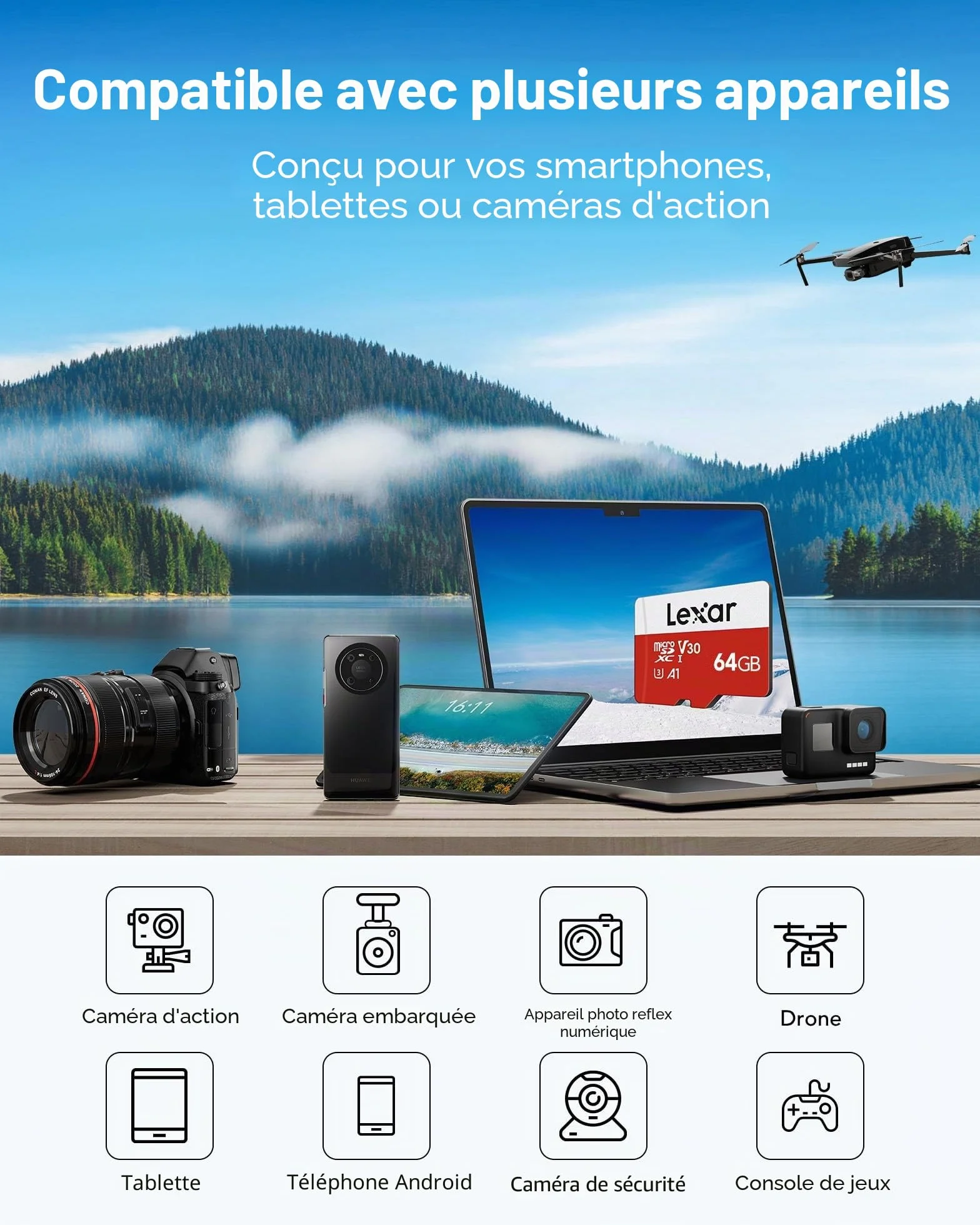 Lexar Carte Micro SD 64 Go, Microsdxc TF 100 Mo/s A1 U3 C10 V30 pour Caméra Téléphone Switch