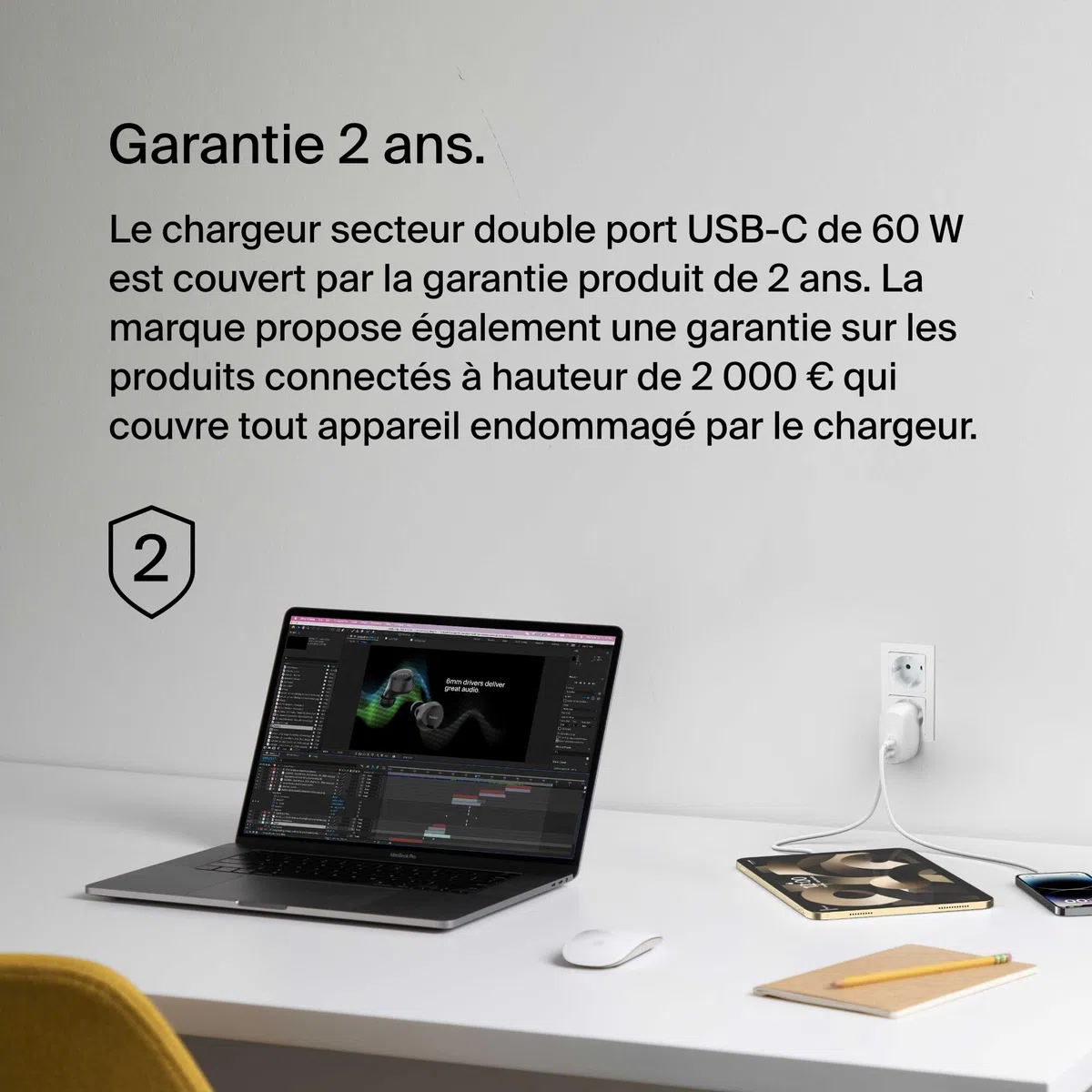 Belkin BoostCharge chargeur secteur deux ports USB-C avec PPS de 60 W, chargeur USB C pour iPhone 16, 15, iPad, Samsung Galaxy, Google Pixel, avec câble USB-C vers Lightning et USB-C vers USB-C
