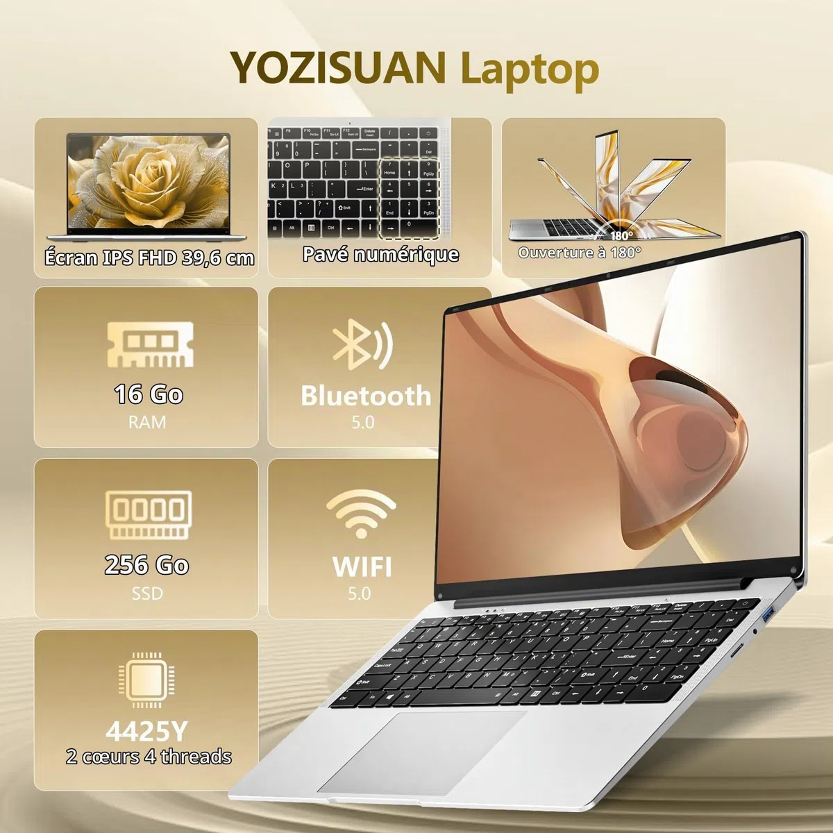 Ordinateur portable 15,6 pouces, Pentium 4425Y, 16Go RAM 256Go SSD