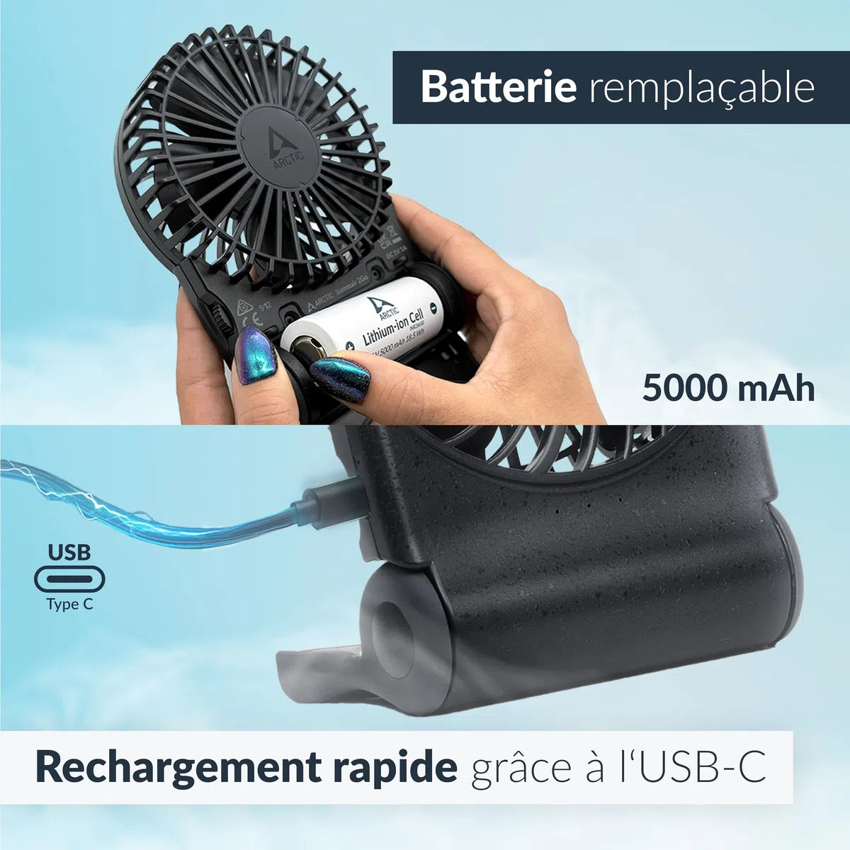 ARCTIC Summair 2Go (Black) - Ventilateur de Poche Rechargeable avec Support, Vitesse Infiniment Variable, Temps de Fonctionnement de 4 à 77 h, Connexion USB-C (incluse Câble USB-A) - Noir