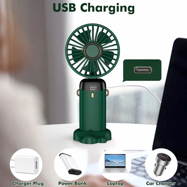 Mini ventilateur portable rechargeable par USB, 5 vitesses avec cordon et base, batterie intégrée de 4200 mAh, pliable pour bureau, extérieur, maison, école