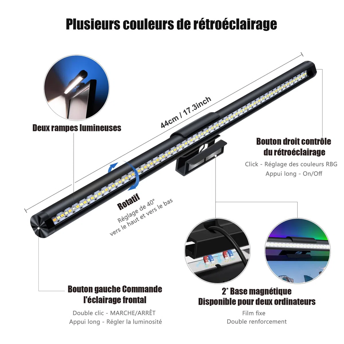 USB Lampe Écran PC, Lampe Bureau LED RGB, Light Bar,44CM Lumière Bureau 3 Modes d'éclairage, Double Barre Lumineuse sans Éblouissement d’écran, Contrôle Tactile pour Bureau