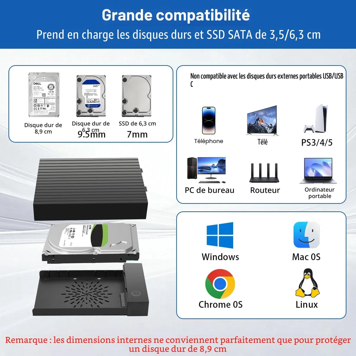 Boitier Disque Dur 3.5, 6Gbps Station d'accueil pour Disque Dur USB 3.0 SATA HDD pour DisqueDur SATA 2,5"/3,5" SATAHDD/SSD, Adaptateur DisqueDur avec Adaptateur Secteur 12 V/2 A, UASP