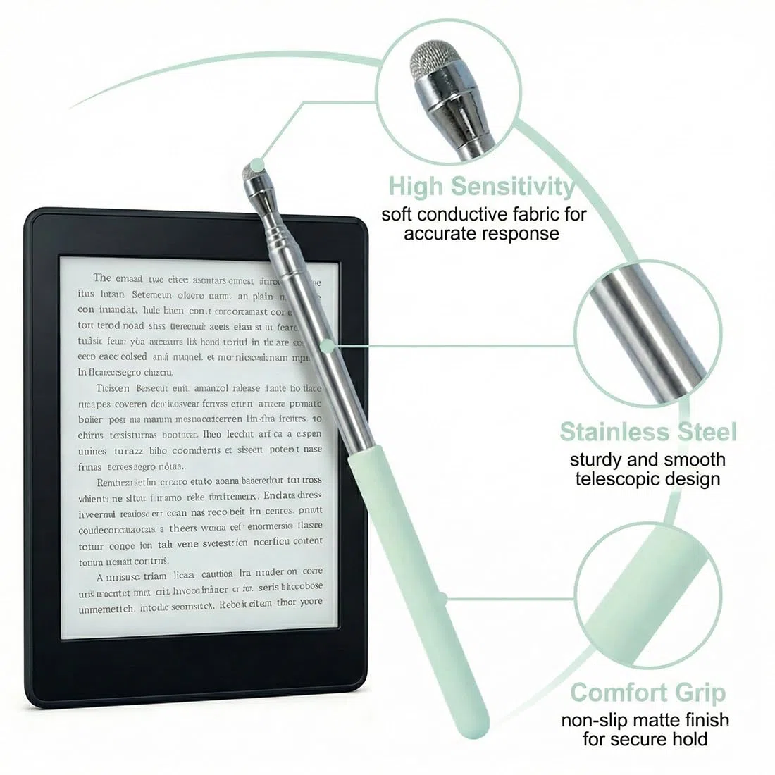 Stylus Tactile Téléscopique pour Liseuse Kindle, Tourne-Page Extensible, Lecture Lit & Bureau, Protège Yeux & Mains Libres, Compatible avec Kobo Surface