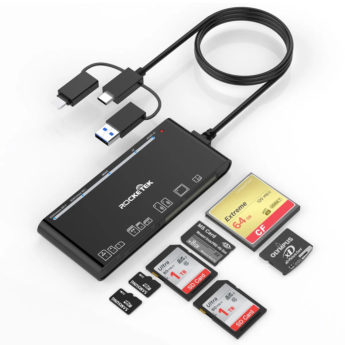 Lecteur de cartes multiples pour cartes SD, CF, XD, Micro SD, MS, adaptateur de lecteur de cartes mémoire 7 en 3 pour iPhone 16/iPhone 15/iPad/MacBook/Samsung, pour Windows, Mac OS, iOS, Linux,Android