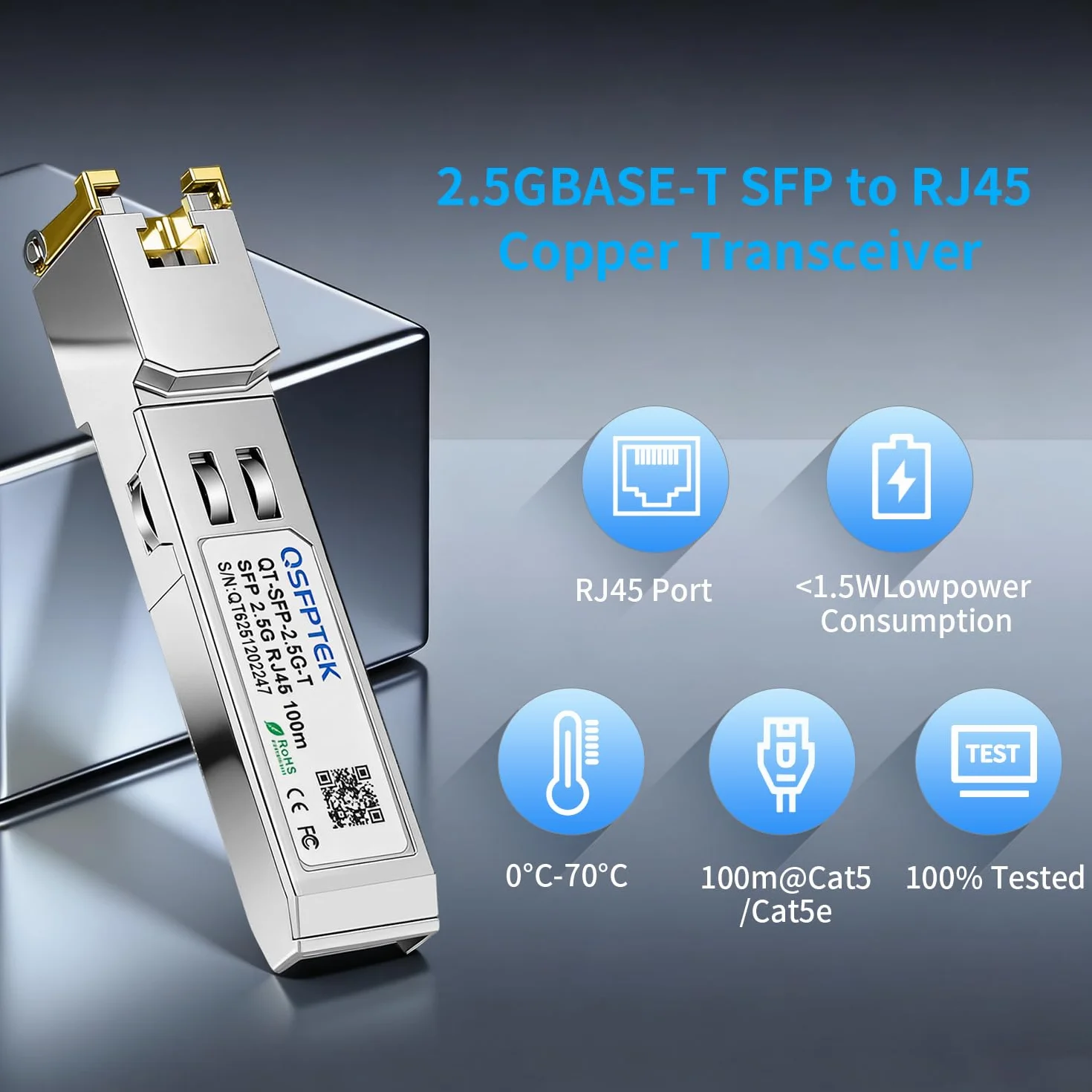 QSFPTEK 2.5GBASE-T SFP vers RJ45 Transceiver Compatible avec Cisco SFP-2.5G-T, Ubiquiti, MikroTik, TP-Link Switch/Routers, jusqu'à 100m (Doit être Connecté au Port 2.5G)