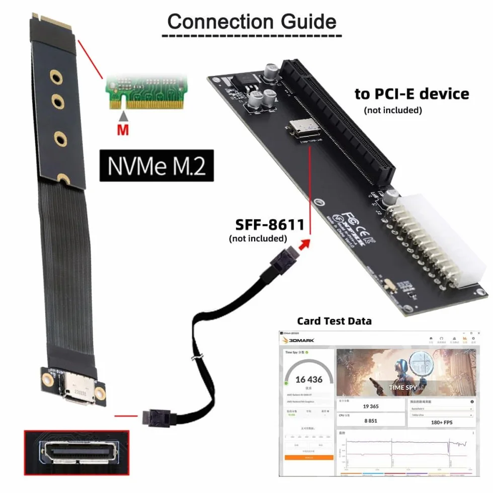 CY Câble hôte 2280 NGFF PCI-E4.0 M.2 M-key vers Oculink SFF-8612 SFF-8611 15 cm pour NVME U.2 SSD Egpu