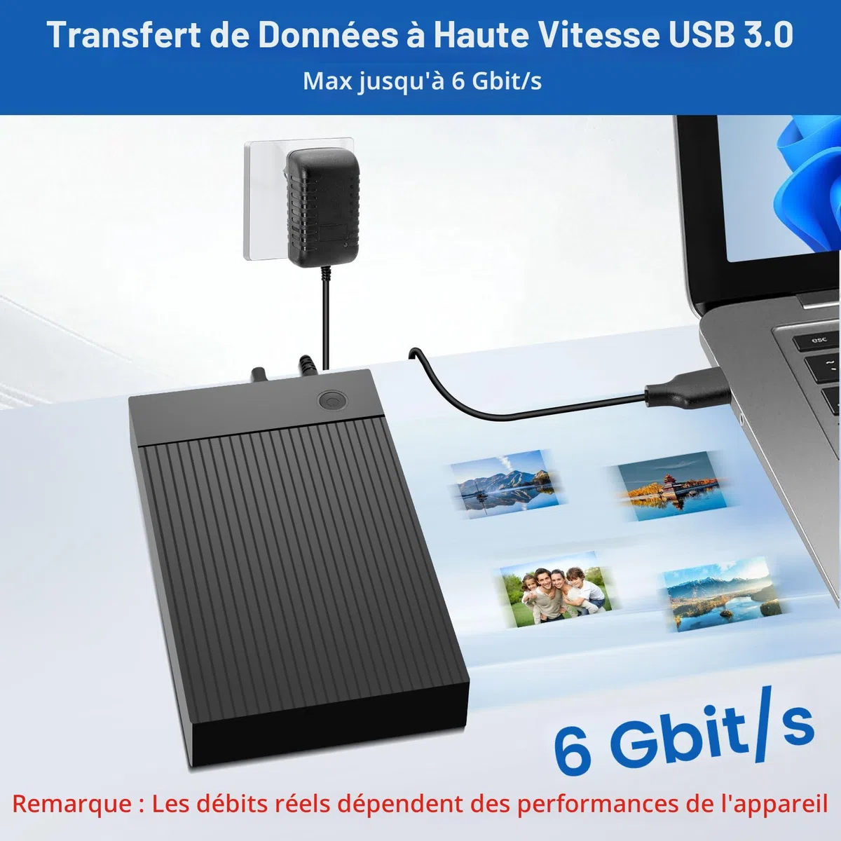 Boitier Disque Dur 3.5, 6Gbps Station d'accueil pour Disque Dur USB 3.0 SATA HDD pour DisqueDur SATA 2,5"/3,5" SATAHDD/SSD, Adaptateur DisqueDur avec Adaptateur Secteur 12 V/2 A, UASP