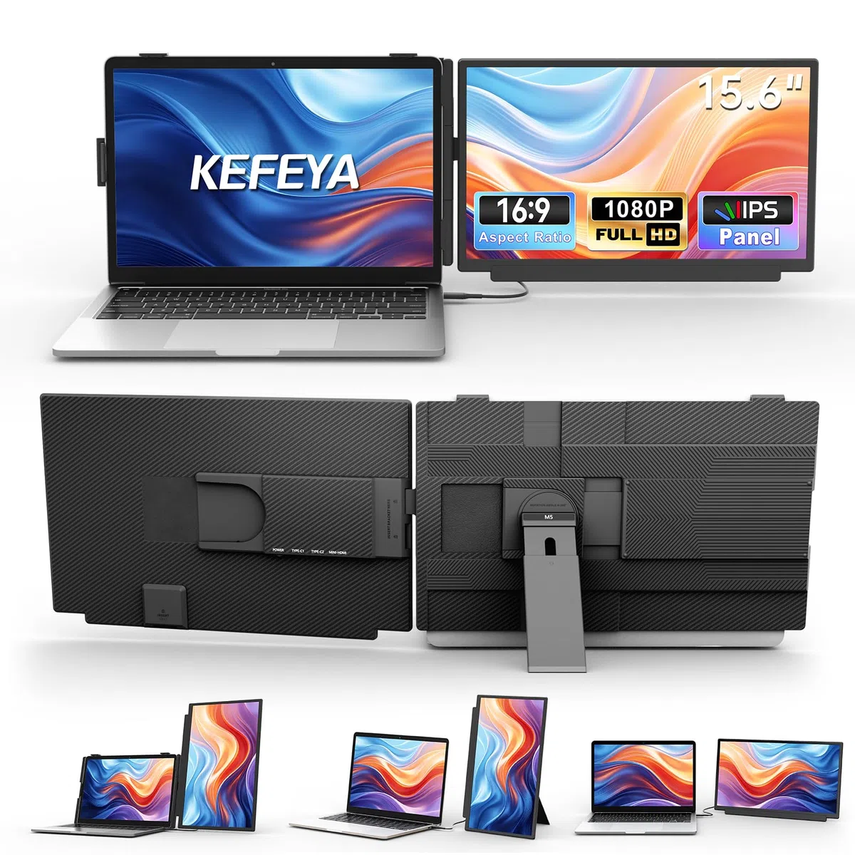 KEFEYA 15.6" Moniteur pour Ordinateur Portable, 1080P FHD Léger Amovible Dual Screen Extender for Laptop, Extension D'écran pour Ordinateur Plug and Play pour Windows, Mac, Chrome, Android, Xbox
