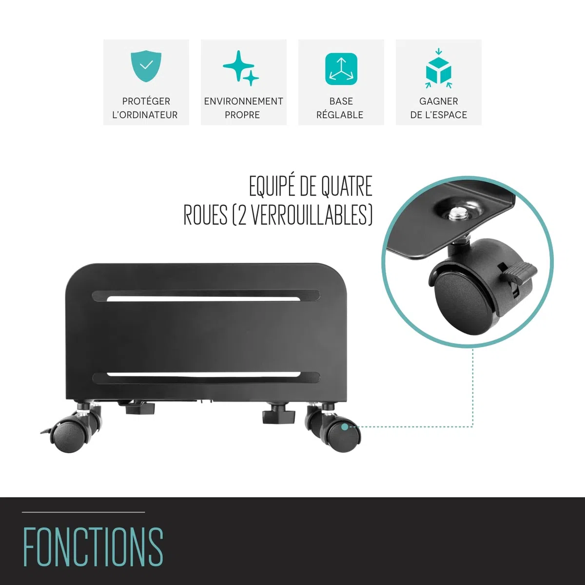 Ewent EW1291 Support pour Ordinateur de Bureau, Support PC avec Roues, Protège de la Poussière et de la Saleté - pour la Maison et Le Bureau, Base Réglable avec 4 Roues Pivotantes, Noir