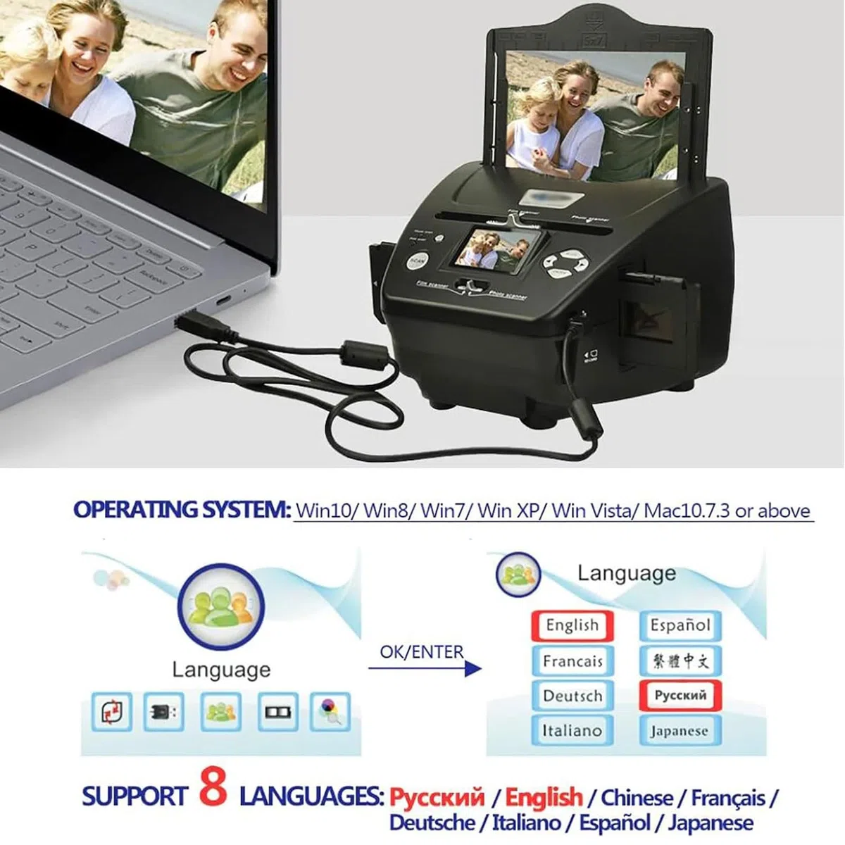 Scanner de Films et de Diapositives LCD de 2,4 Pouces, Scanner de négatifs de 16 MP, convertit Les Diapositives et Les négatifs de 35 mm/135 en Photos JPEG numériques
