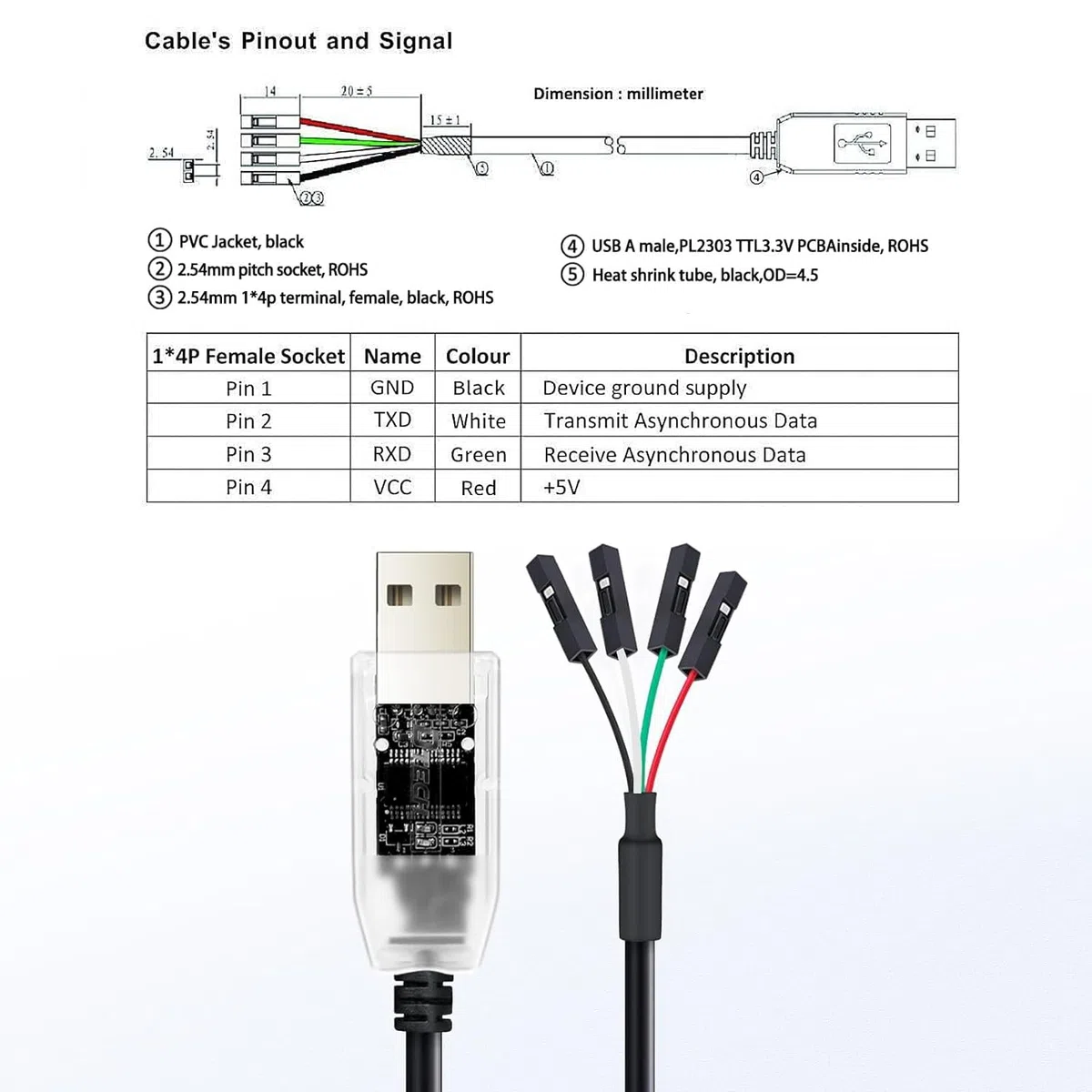 DTECH Adaptateur USB vers TTL 3,3 V 4 broches USB vers UART câble de débogage puce prolific indicateurs LED PL2303 IC convertisseur série sortie 3,3 V pour Windows 11 10 8 7 XP Mac Linux Programmation