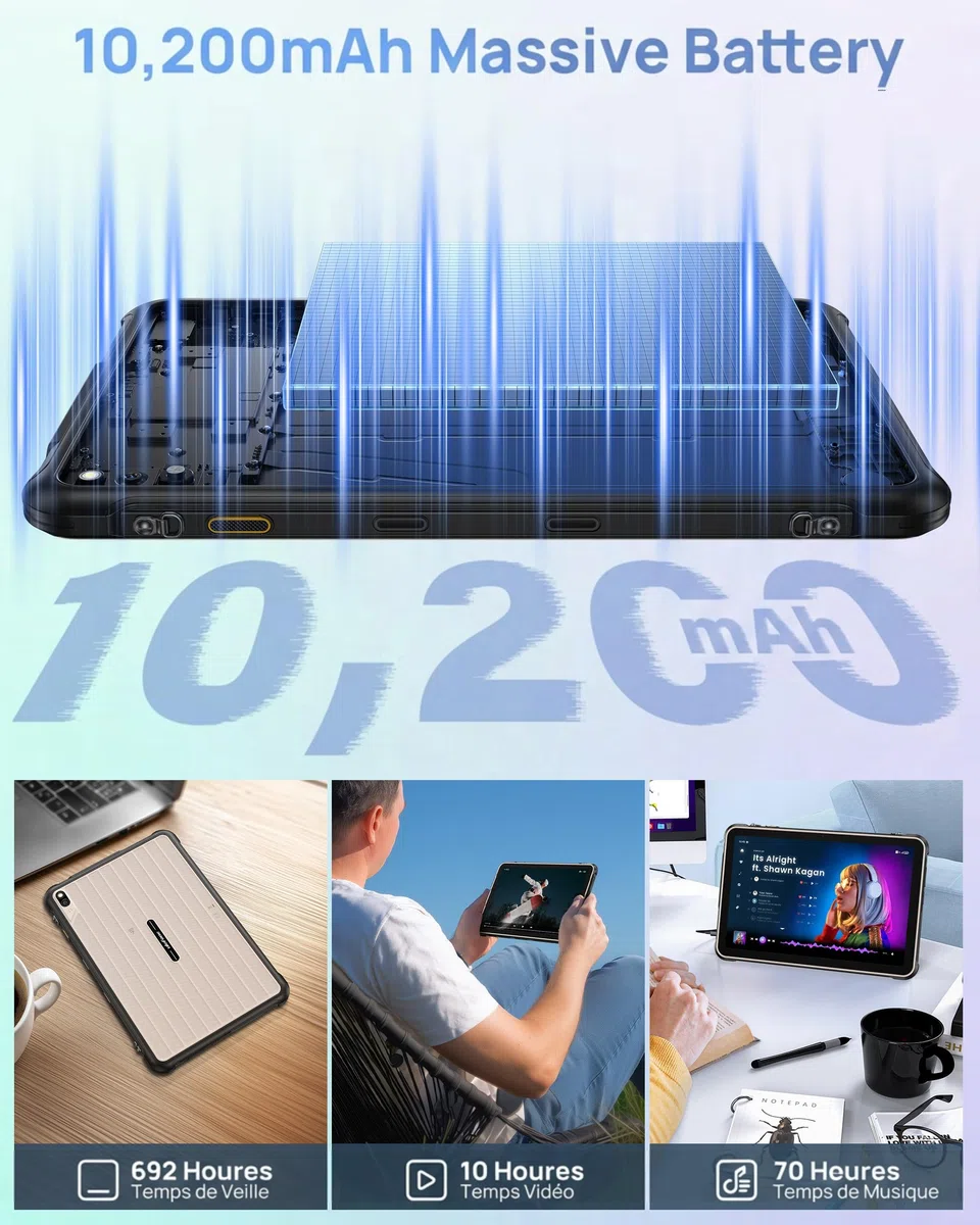 Ulefone Rugking Pad 2 Pro Tablette Incassable Android16, 16Go+128Go/TF 2TB eSIM 10200mAh Tablette,10.1pouces 8+48MP IP68K/IP69K, 90Hz Dual SIM 4G/GPS/NFC/OTG, Sangle avec Boucle Offerte Noir