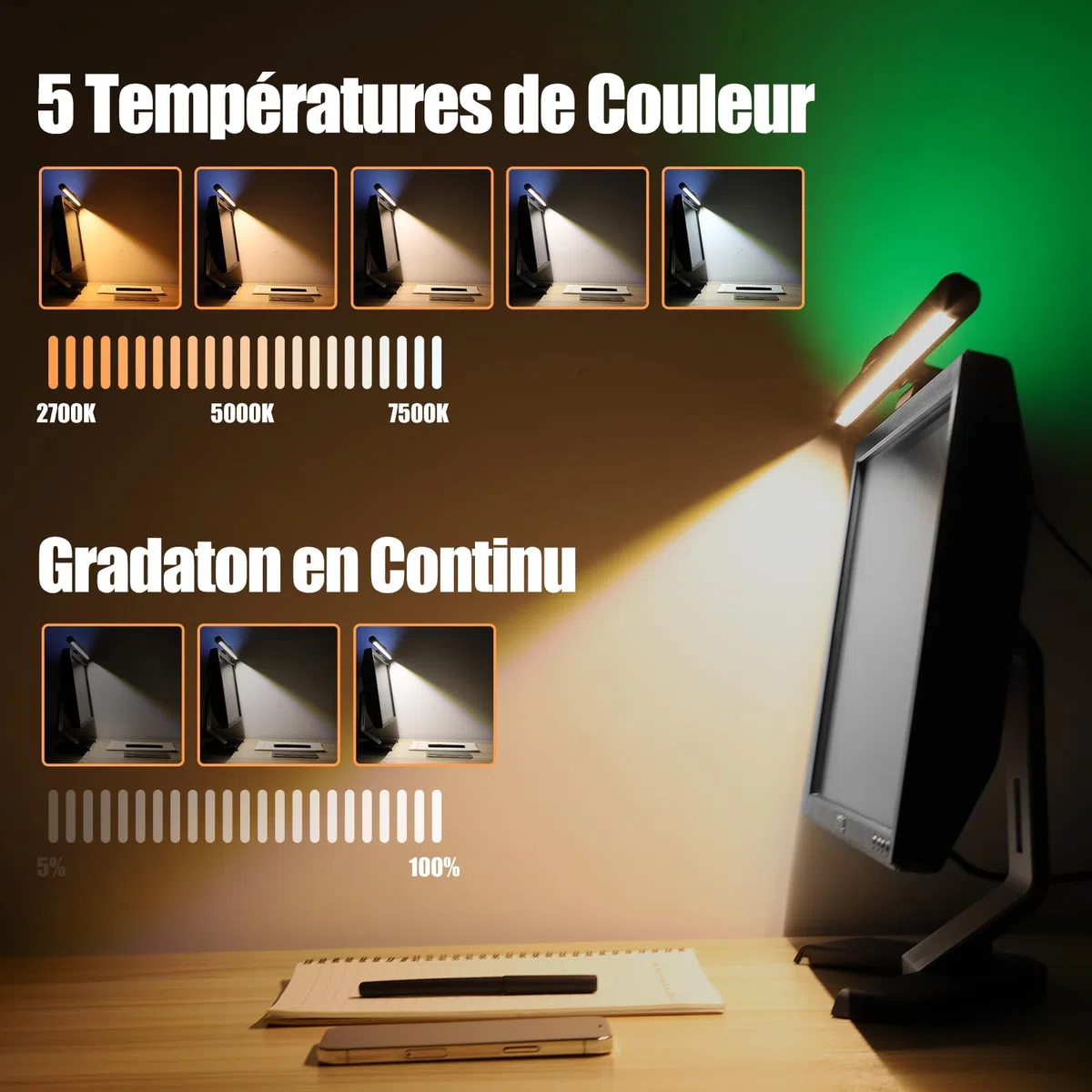 USB Lampe Écran PC, Lampe Bureau LED RGB, Light Bar,44CM Lumière Bureau 3 Modes d'éclairage, Double Barre Lumineuse sans Éblouissement d’écran, Contrôle Tactile pour Bureau