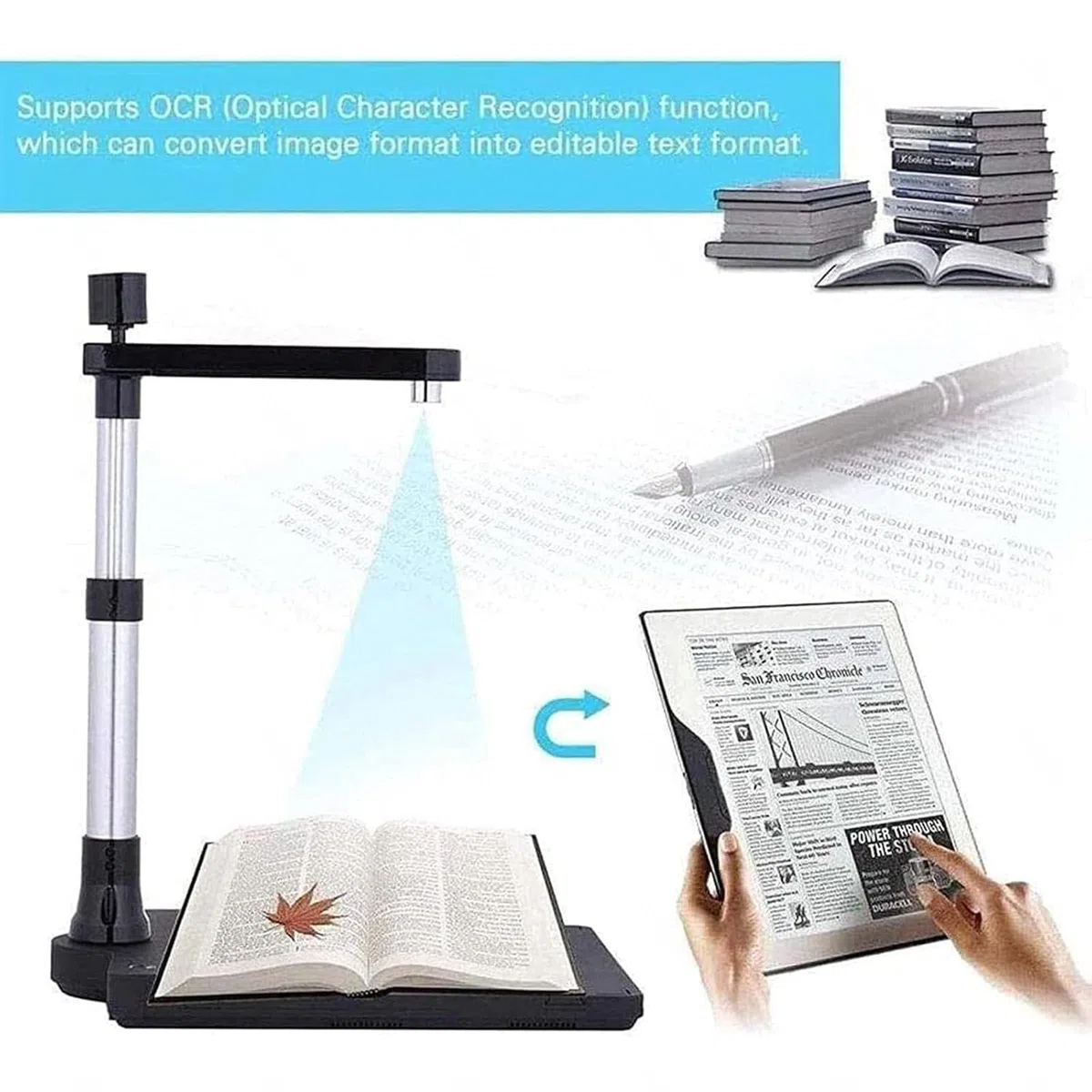 Scanner de documents et de livres, A3/A4 USB haute vitesse avec 2 lumières LED, technologie OCR, double objectif 10 MP et 2 MP pour l'archivage, l'école et le bureau