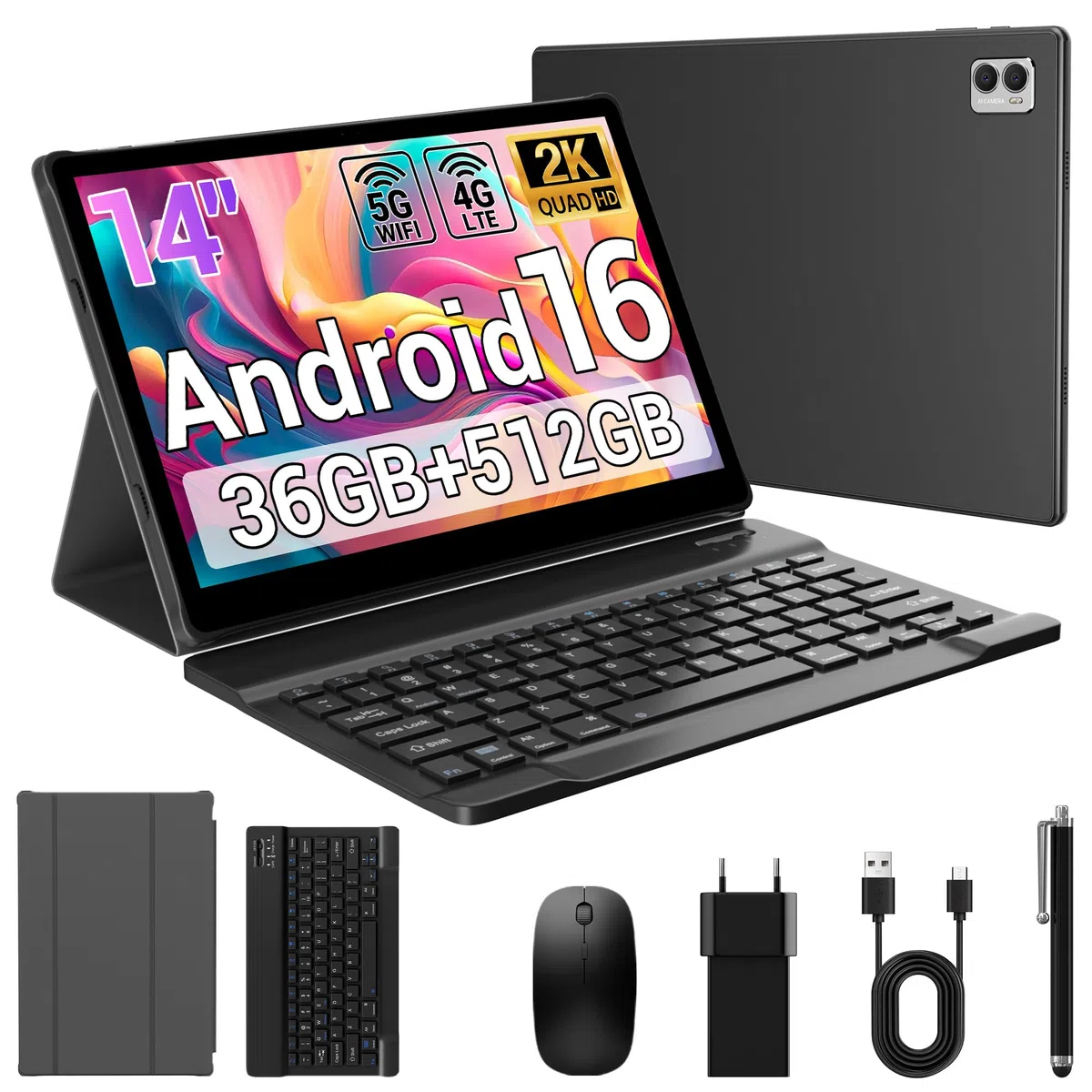 Tablette 14 Pouces Android 16 Tablette avec 4G LTE/5GWLAN/11580mAh/36GB+512GB/OctaCore/13MP+8MP/GMS,Étui,Tablet avec Clavier,Noir