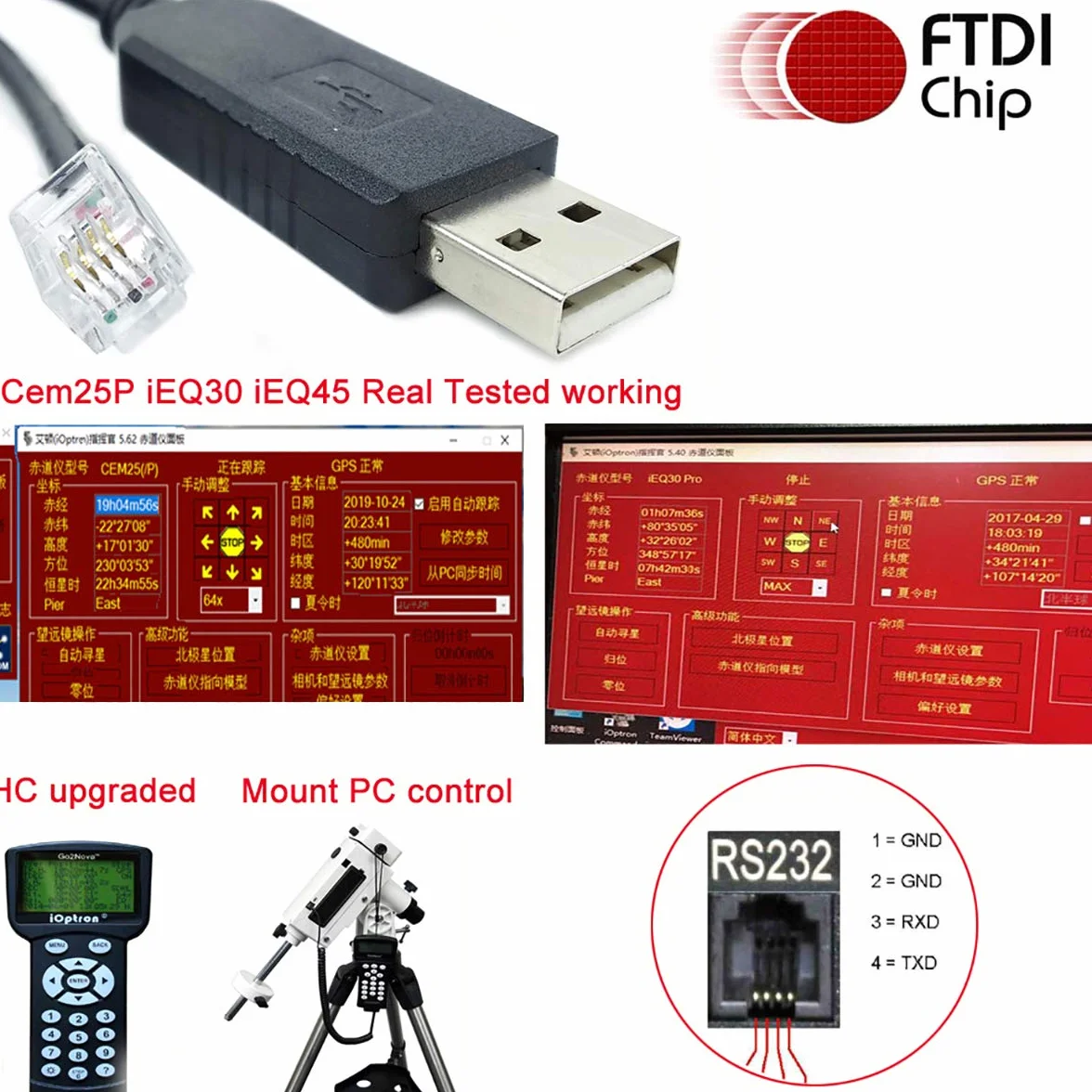 Ioptron Câble de commande de télescope USB RS232 RJ9 pour console équatoriale Mise à niveau Ligne de codage Ieq30pro Longueur : 1 m