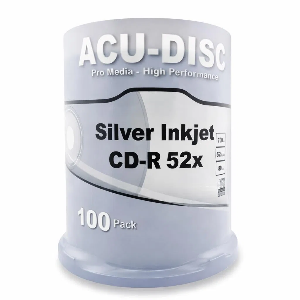 Lot de 100 CD-R80 vierges ACU-DISC argent imprimable à jet d'encre (52x) 700 Mo