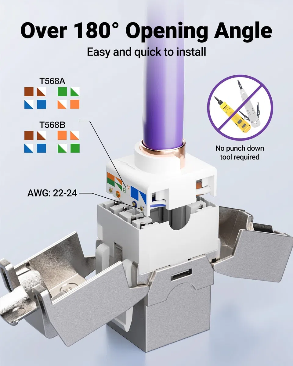 VCELINK 4X Module CAT7 Keystone RJ45 Femelle sans Outil LSA, pour Câble LAN 10 Gbit/s à 600 MHz AWG 22-24 & PoE, Entièrement Blindé, pour Panneau de Brassage et Prise Réseau