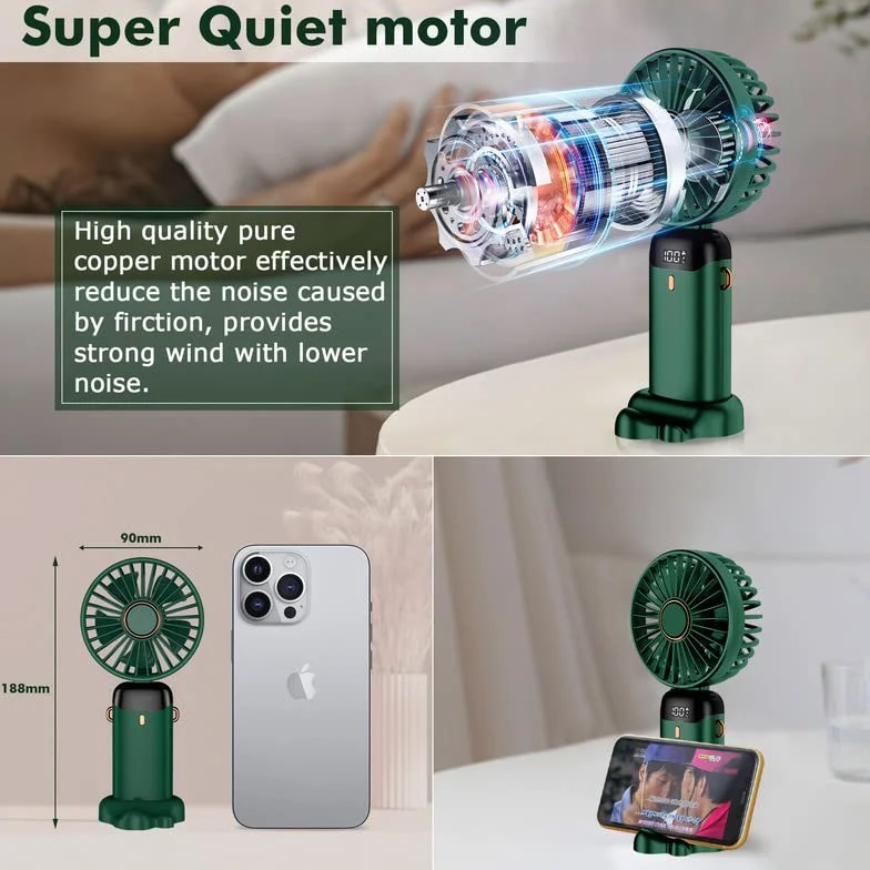 Mini ventilateur portable rechargeable par USB, 5 vitesses avec cordon et base, batterie intégrée de 4200 mAh, pliable pour bureau, extérieur, maison, école
