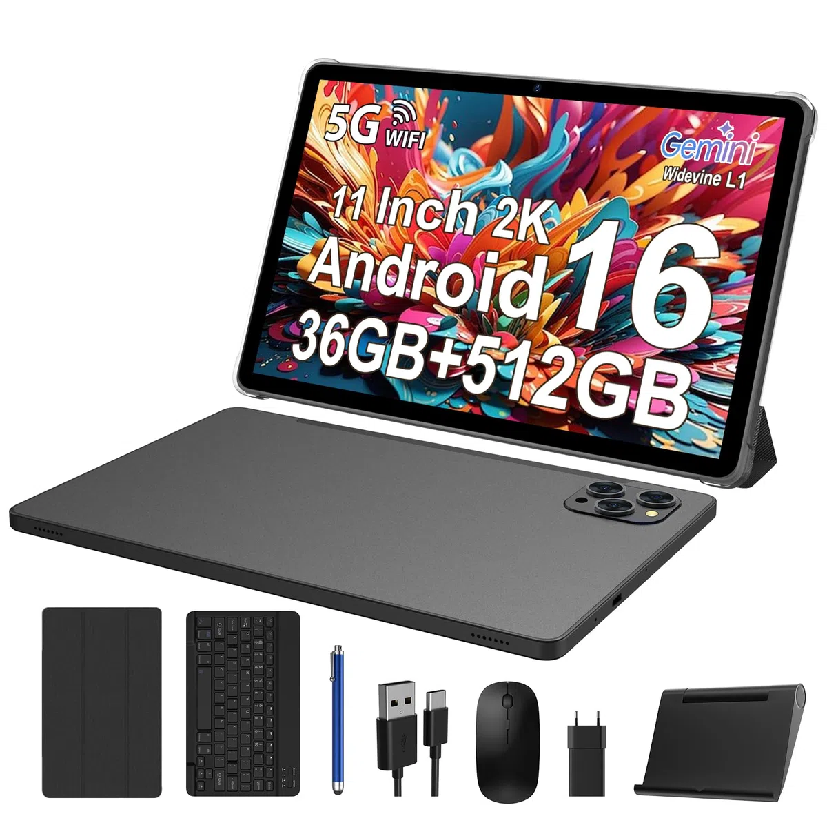 Tablette 11 Pouces Android 16 Tablet Tactile avec 5G WLAN,Octa-Core,36GB+256GB/TF 1TB/8000mAh/13MP+8MP/GPS/GMS,BT5,Tablette avec Clavier,Noir