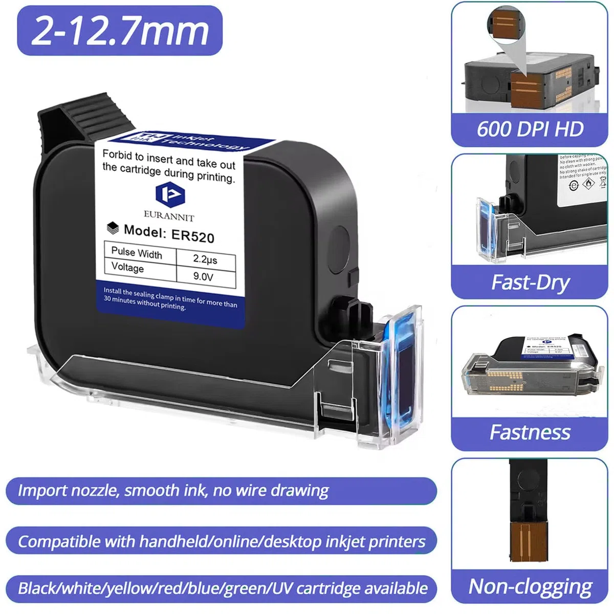 Cartouche d'encre ER520 Originale à Séchage Rapide 42 ML pour Imprimante à Jet d'encre Portable 12.7 mm de Hauteur d'impression pour Imprimante à Jet d'encre E15/E98/E11/E12/E16, Blanc