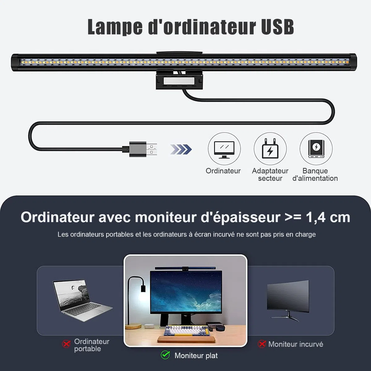 USB Lampe Écran PC, Lampe Bureau LED RGB, Light Bar,44CM Lumière Bureau 3 Modes d'éclairage, Double Barre Lumineuse sans Éblouissement d’écran, Contrôle Tactile pour Bureau