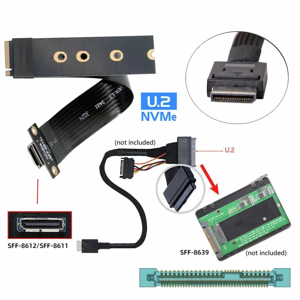 CY Câble hôte 2280 NGFF PCI-E4.0 M.2 M-key vers Oculink SFF-8612 SFF-8611 15 cm pour NVME U.2 SSD Egpu
