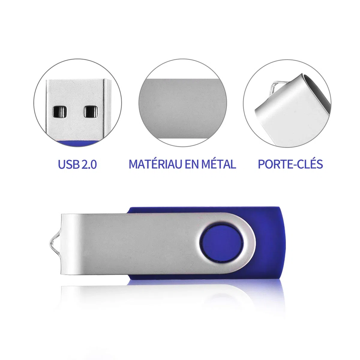Clé USB 64Go Lot de 2 Cles USB 2.0 Mémoire Flash Drive Clef USB Pivotantes avec Cordes Bon Cadeau pour Enfant Parents et Amis (64G, Noir/Bleu)
