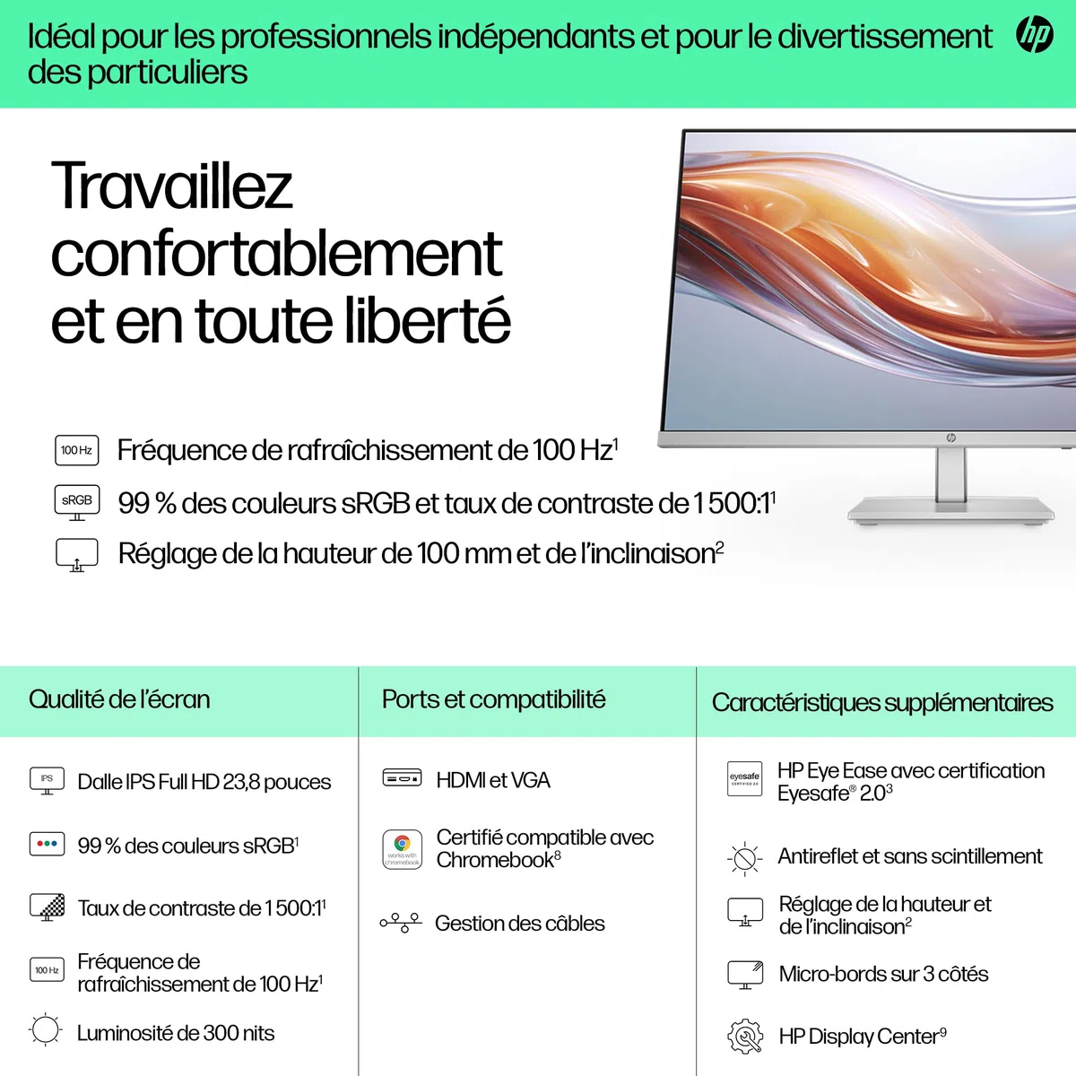 HP 524sh Écran 23.8" 100Hz 5ms Full HD IPS réglable en Hauteur (1920 x 1080 Pixels, antireflet, 300 nits, écran inclinable) Noir