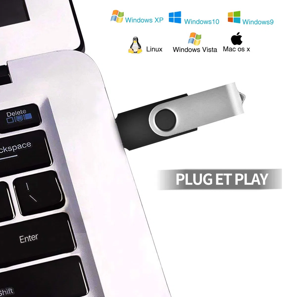 Clé USB 64Go Lot de 2 Cles USB 2.0 Mémoire Flash Drive Clef USB Pivotantes avec Cordes Bon Cadeau pour Enfant Parents et Amis (64G, Noir/Bleu)