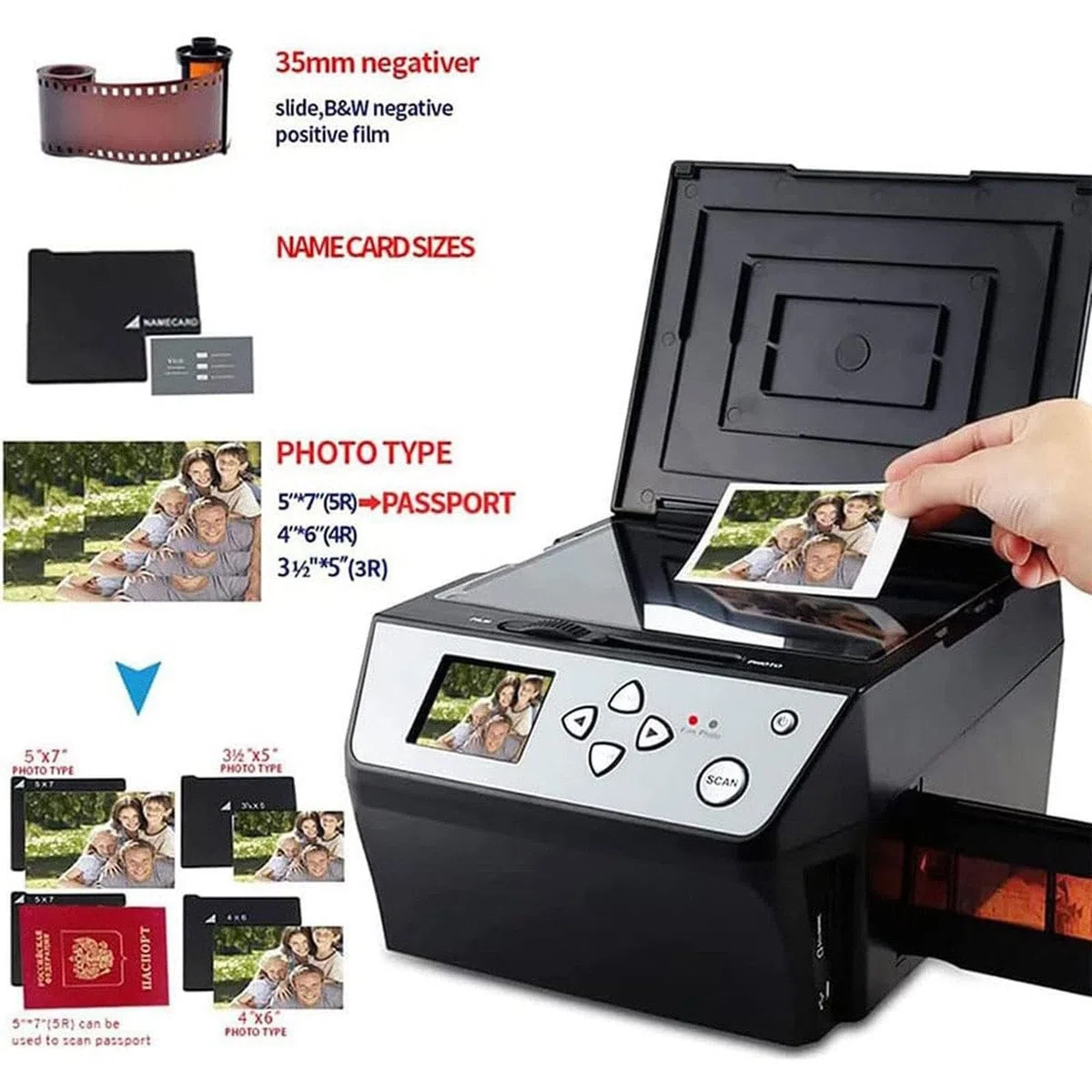 Scanner multifonction USB (film/diapositive/photo), conversion de films 135 et 110 mm/diapositives 35 mm + photo/document/carte de visite en fichiers JPG numériques HD 22 MP + écran LCD 5 pouces
