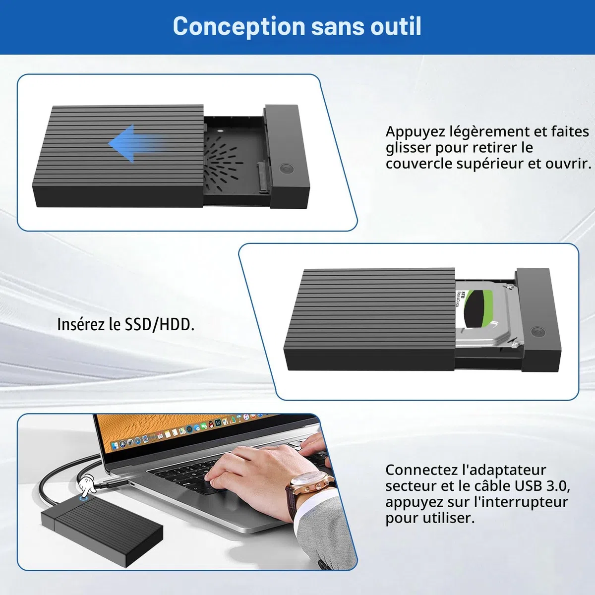 Boitier Disque Dur 3.5, 6Gbps Station d'accueil pour Disque Dur USB 3.0 SATA HDD pour DisqueDur SATA 2,5"/3,5" SATAHDD/SSD, Adaptateur DisqueDur avec Adaptateur Secteur 12 V/2 A, UASP