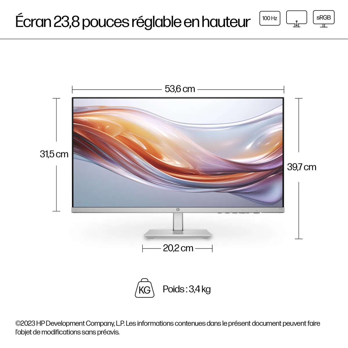 HP 524sh Écran 23.8" 100Hz 5ms Full HD IPS réglable en Hauteur (1920 x 1080 Pixels, antireflet, 300 nits, écran inclinable) Noir